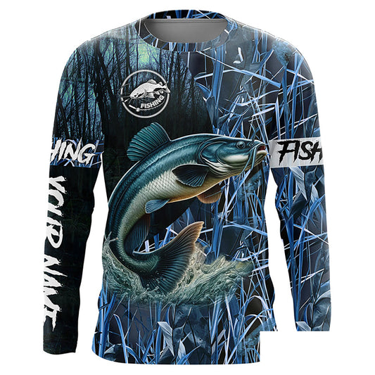 Catfish fishing blue camouflage fishing clothing Custom name long sleeves fishing shirt for men NPQ453