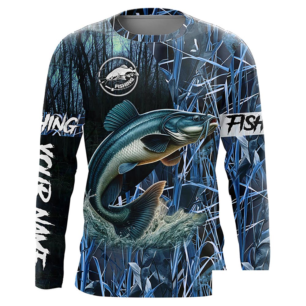 Catfish fishing blue camouflage fishing clothing Custom name long sleeves fishing shirt for men NPQ453
