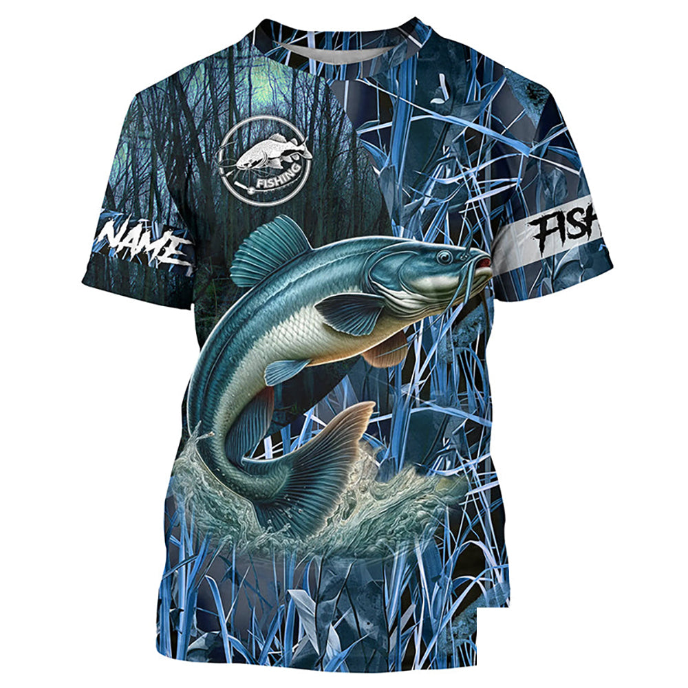 Catfish fishing blue camouflage fishing clothing Customize fishing T-shirt, gift for fisherman NPQ453