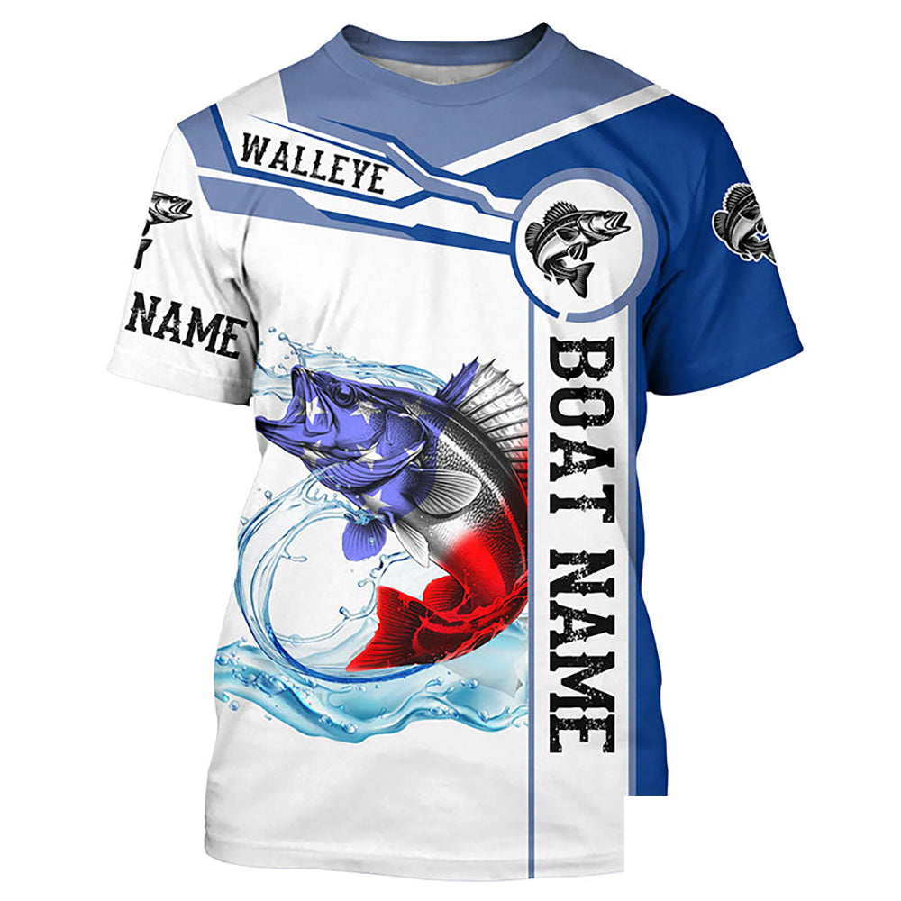 Walleye Fishing American Flag Customize Name and boat name tournament fishing T-shirt NPQ346