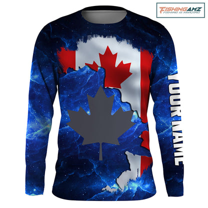 Canada Flag Universe fishing Custom Name Long sleeve, Long Sleeve Hooded Fishing Shirt - NPQ656