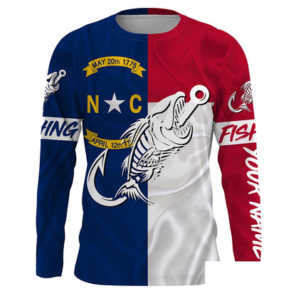 NC Fishing Custom North Carolina Flag Fish hook skull Custom Long sleeve, Long Sleeve Hooded NPQ760