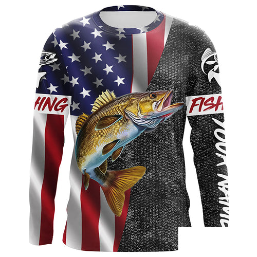Personalized Walleye Fishing Jerseys, Custom American flag Walleye Long sleeve, Long Sleeve Hooded NQS4925