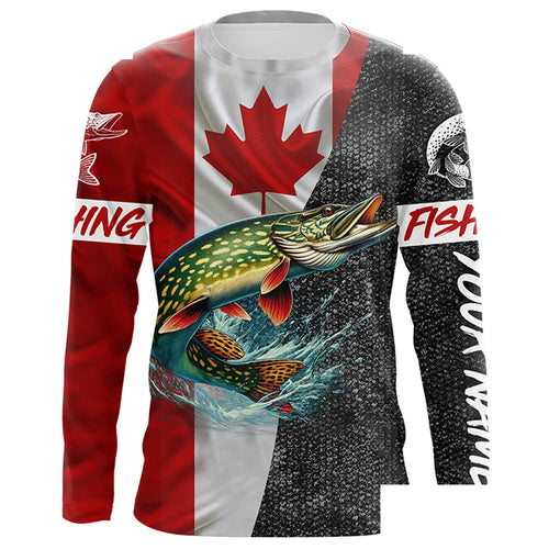 Personalized Northern pike Fishing Jerseys, Custom Canadian flag Pike Long sleeve, Long Sleeve Hooded NQS4927