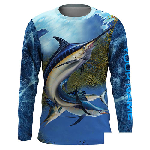 Marlin fishing blue deep sea fishing Custom Name Long sleeve, Long Sleeve Hooded Fishing Shirt - NPQ664
