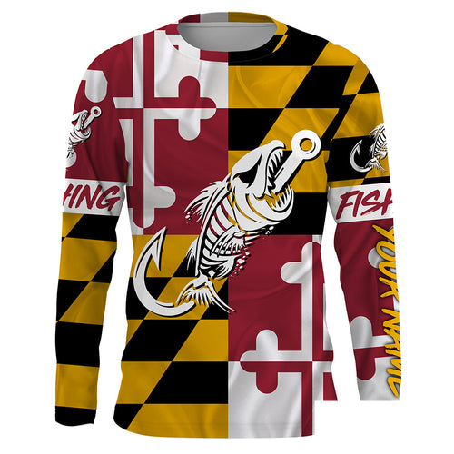 MD Fishing Custom Maryland Flag Fish hook skull custom fishing Long sleeve, Long Sleeve Hooded NPQ706