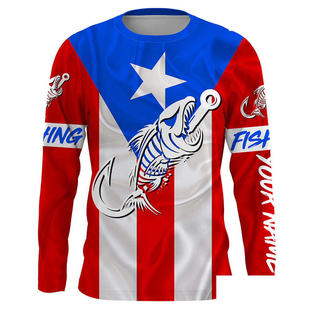 Puerto Rico Fishing Custom Flag Fish hook skull custom fishing Long sleeve, Long Sleeve Hooded NPQ707