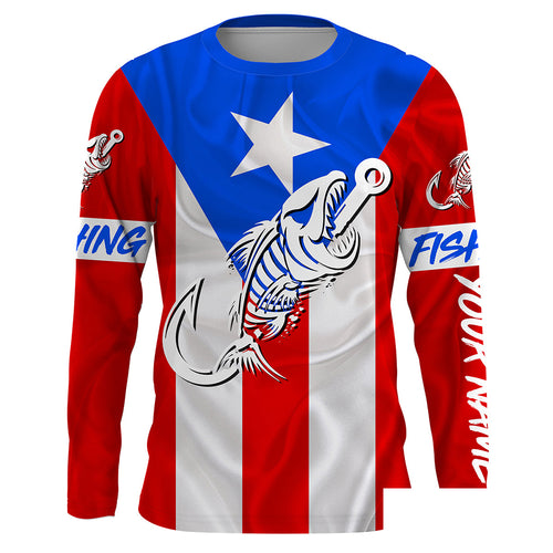 Puerto Rico Fishing Custom Flag Fish hook skull custom fishing Long sleeve, Long Sleeve Hooded NPQ707