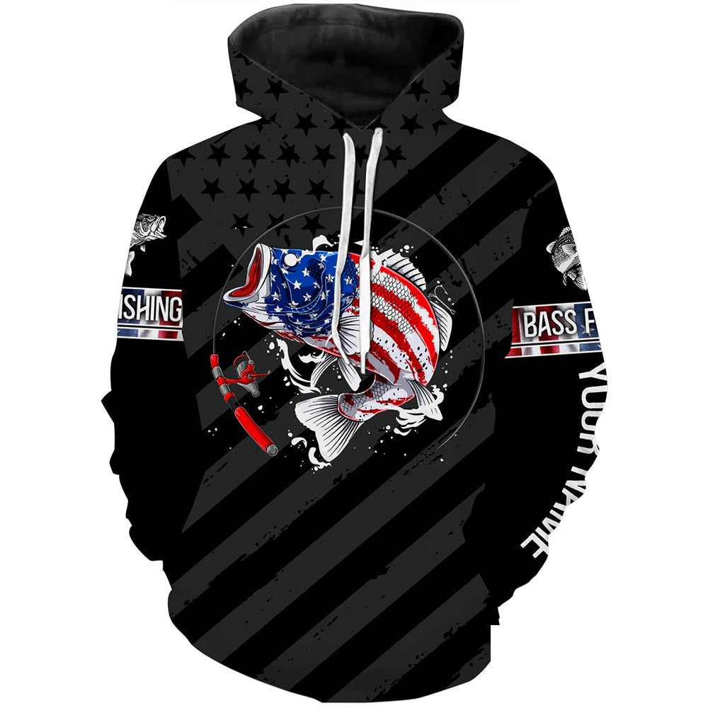 Largemouth Bass fishing black American flag Custom name fishing jerseys  | Hoodie - NPQ827
