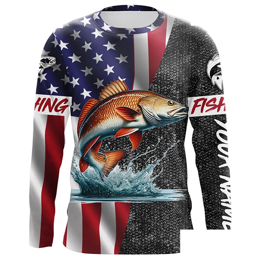 American Flag patriotic redfish Fishing Jerseys, Personalized red drum fishing Long sleeve shirts NQS4957