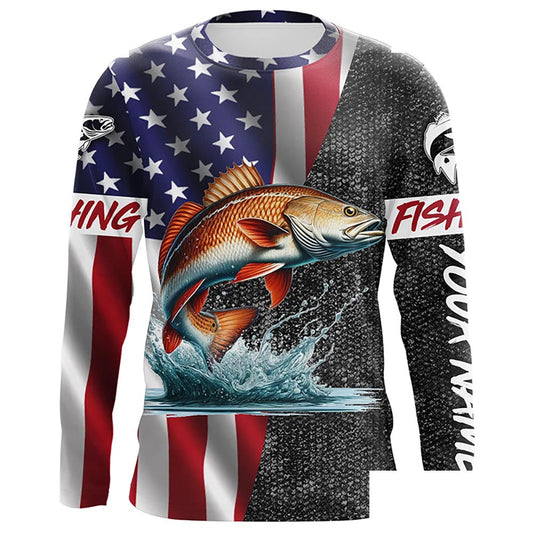 American Flag patriotic redfish Fishing Jerseys, Personalized red drum fishing Long sleeve shirts NQS4957