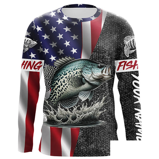 Custom American Flag patriotic Crappie Fishing Jersey, Personalized Crappie fishing Long sleeve shirts NQS4958