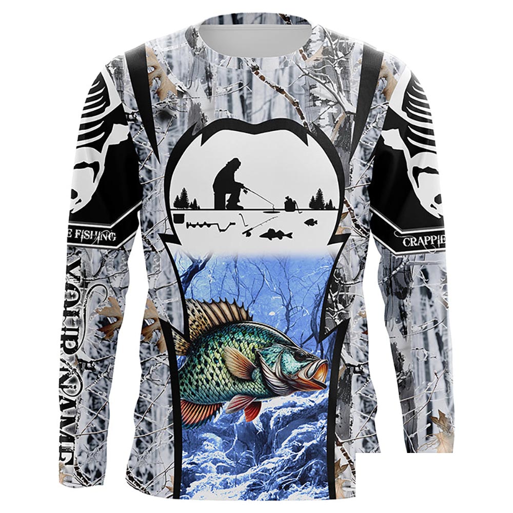Winter crappie Ice fishing camo Customize name Performance Long Sleeve fishing shirts for men, women NQS1012
