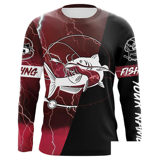 Catfish Fishing tattoo red camo lightning black Custom name performance long sleeve fishing shirts NQS5292