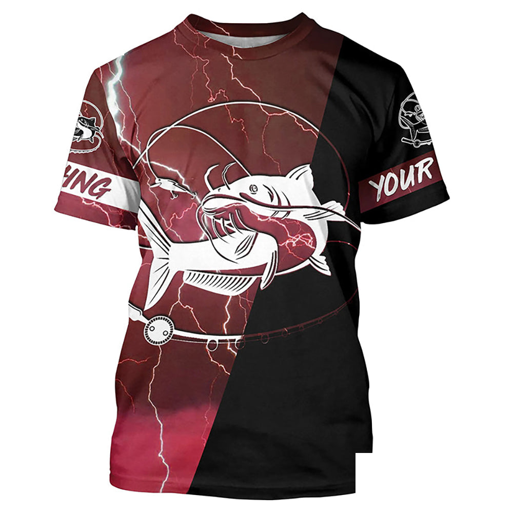 Catfish Fishing tattoo red camo lightning black Custom name performance Fishing T-shirt NQS5292