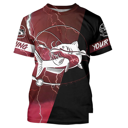 Catfish Fishing tattoo red camo lightning black Custom name performance Fishing T-shirt NQS5292