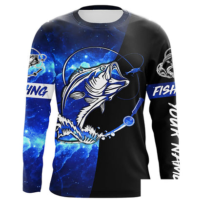 Bass Fishing tattoo blue galaxy black Custom name performance UV protection long sleeve fishing shirts NQS5293
