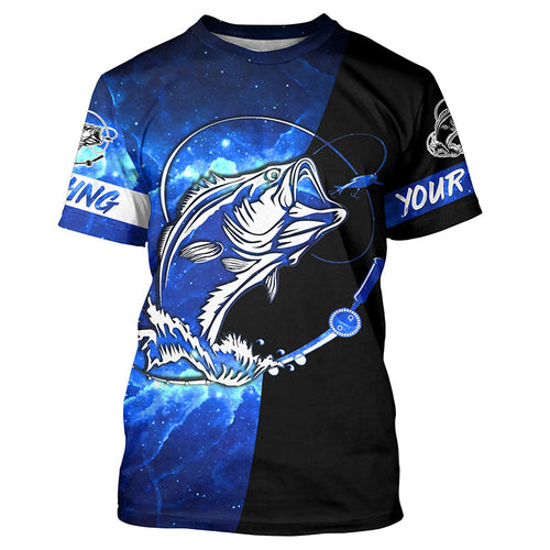 Bass Fishing tattoo blue galaxy black Custom performance UV protection Fishing T-shirt NQS5293