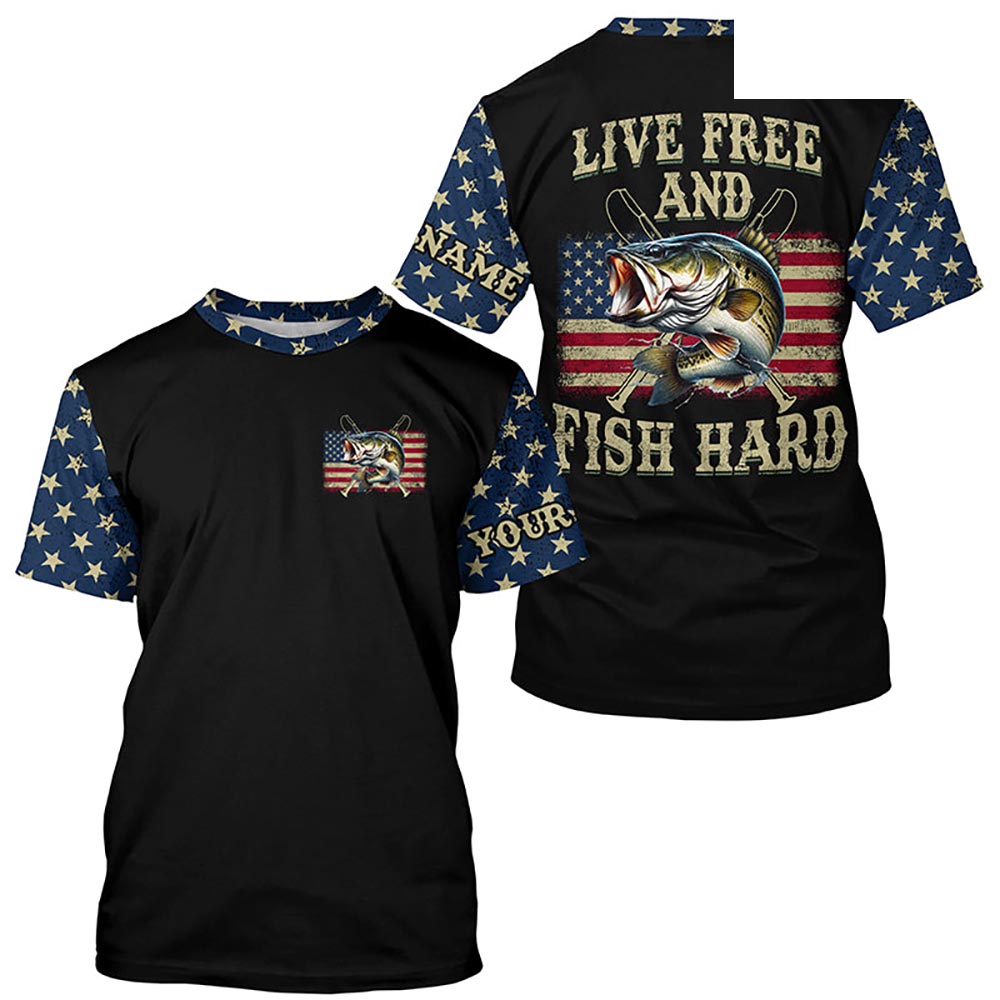 "Live Free and Fish Hard" American Flag Bass fishing Custom fishing T-shirt NPQ407