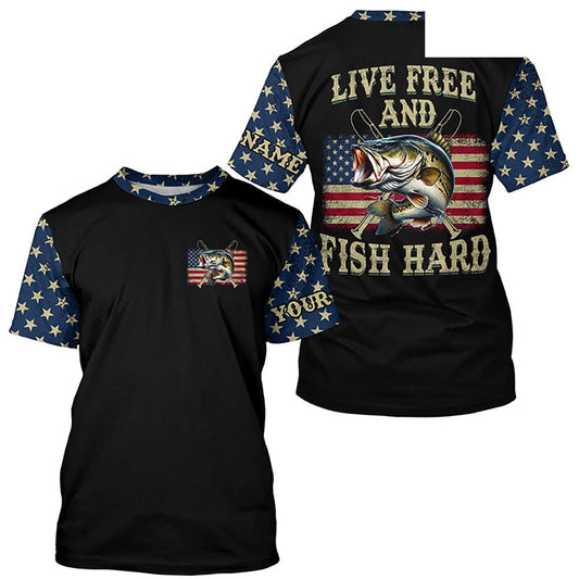 "Live Free and Fish Hard" American Flag Bass fishing Custom fishing T-shirt NPQ407