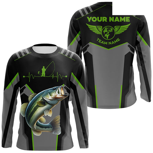 Personalized Black Bass Fishing jerseys, Team Bass Fishing Long Sleeve tournament shirts | Green NQS6190