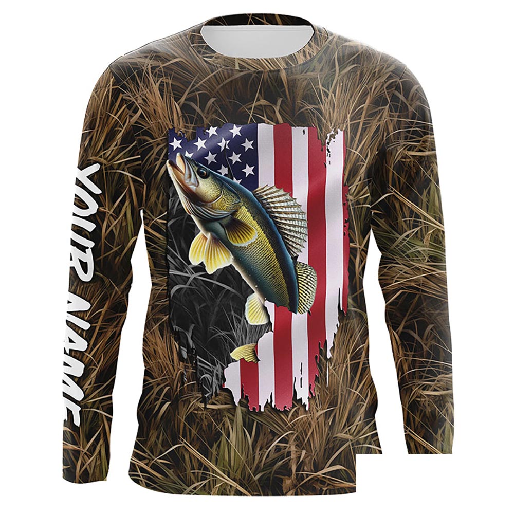 American flag Walleye fishing camo Customize Name UV protection long sleeves fishing shirt NPQ86