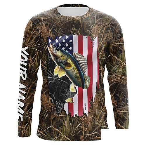 American flag Walleye fishing camo Customize Name UV protection long sleeves fishing shirt NPQ86