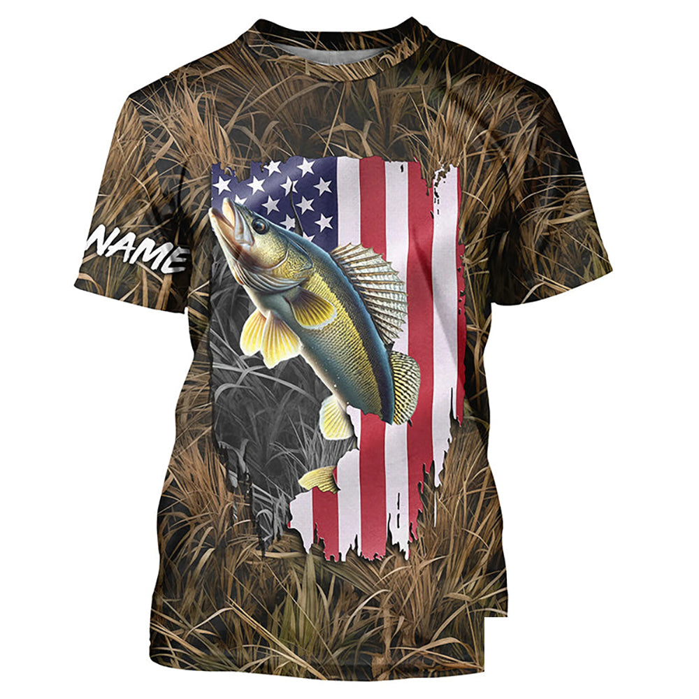 American flag Walleye fishing camo Customize Name All-over Print Unisex fishing T-shirt NPQ86