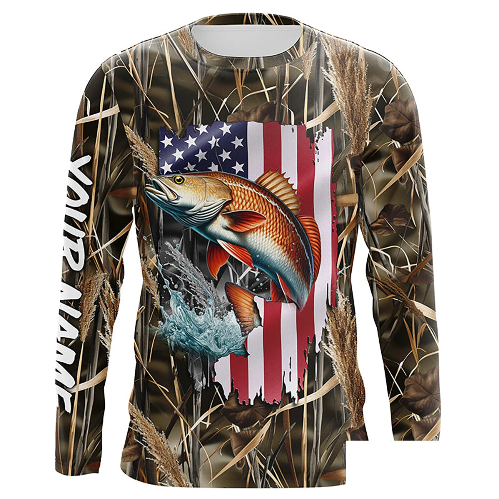 American flag Redfish fishing camo Customize Name long sleeves fishing shirt for men NPQ85