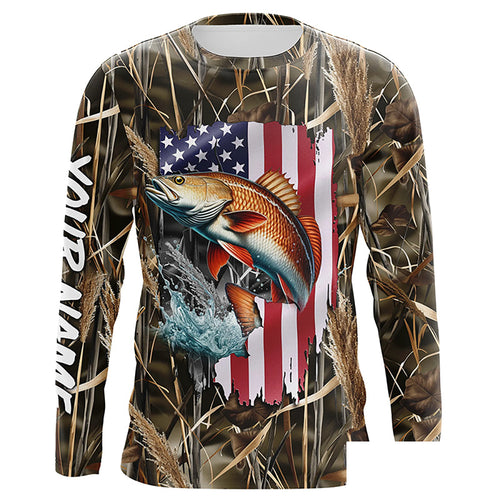 American flag Redfish fishing camo Customize Name long sleeves fishing shirt for men NPQ85