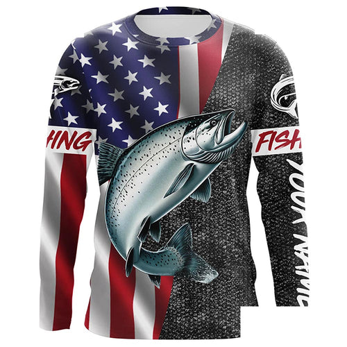 American Flag Salmon Fishing Custom long sleeve performance Fishing Shirts, Salmon Fishing jerseys NQS7883