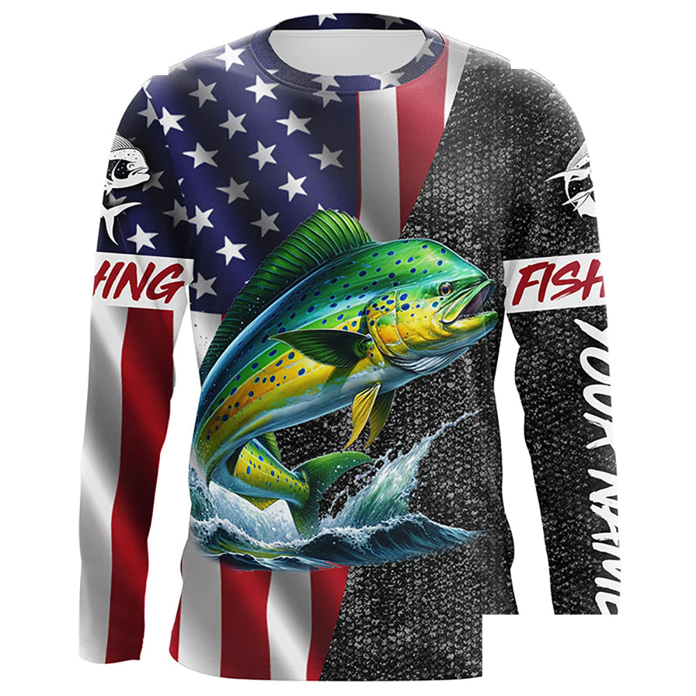 American Flag Mahi Mahi Fishing Custom long sleeve performance Fishing Shirt, Dorado Fishing jersey NQS7885