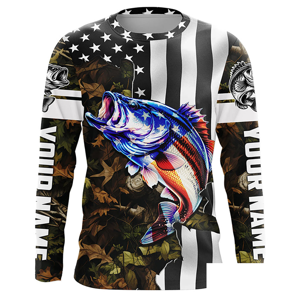 Bass Fishing American Flag black camo Customize UV protection long sleeves fishing shirt for men NPQ88