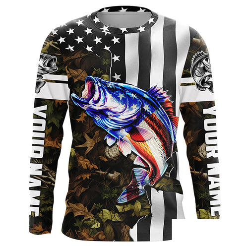 Bass Fishing American Flag black camo Customize UV protection long sleeves fishing shirt for men NPQ88