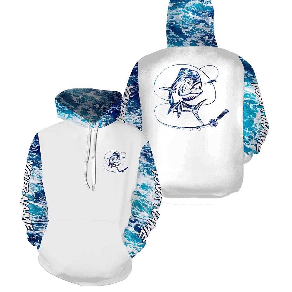 Mahi mahi Dorado Saltwater Fishing blue Sea wave camo Custom fishing hoodie, personalized fishing gift NPQ366