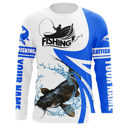 Flathead Catfish fishing tournament Fishing Jersey, Personalized white blue Catfish Long sleeve shirt NQS5033