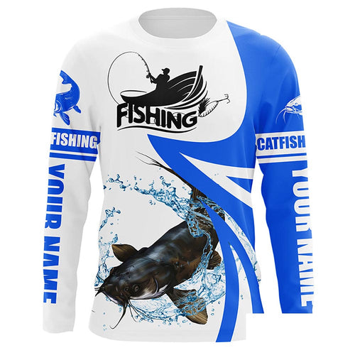Flathead Catfish fishing tournament Fishing Jersey, Personalized white blue Catfish Long sleeve shirt NQS5033