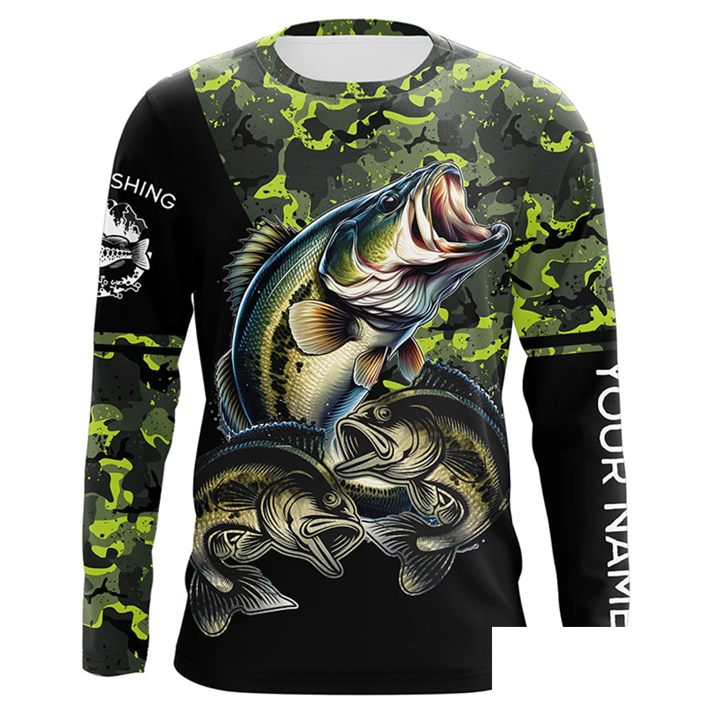 Bass fishing black green camo Custom name Long sleeve, Long Sleeve Hooded NPQ925