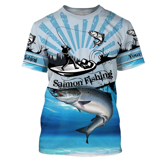 Salmon fishing blue jerseys Custom Name 3D All Over Printed Shirts, fishing tournament Tshirt - NPQ577