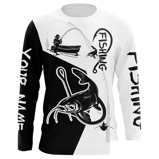 Black and white Catfish Fishing Customize Name UV protection long sleeves fishing shirt for men NPQ106