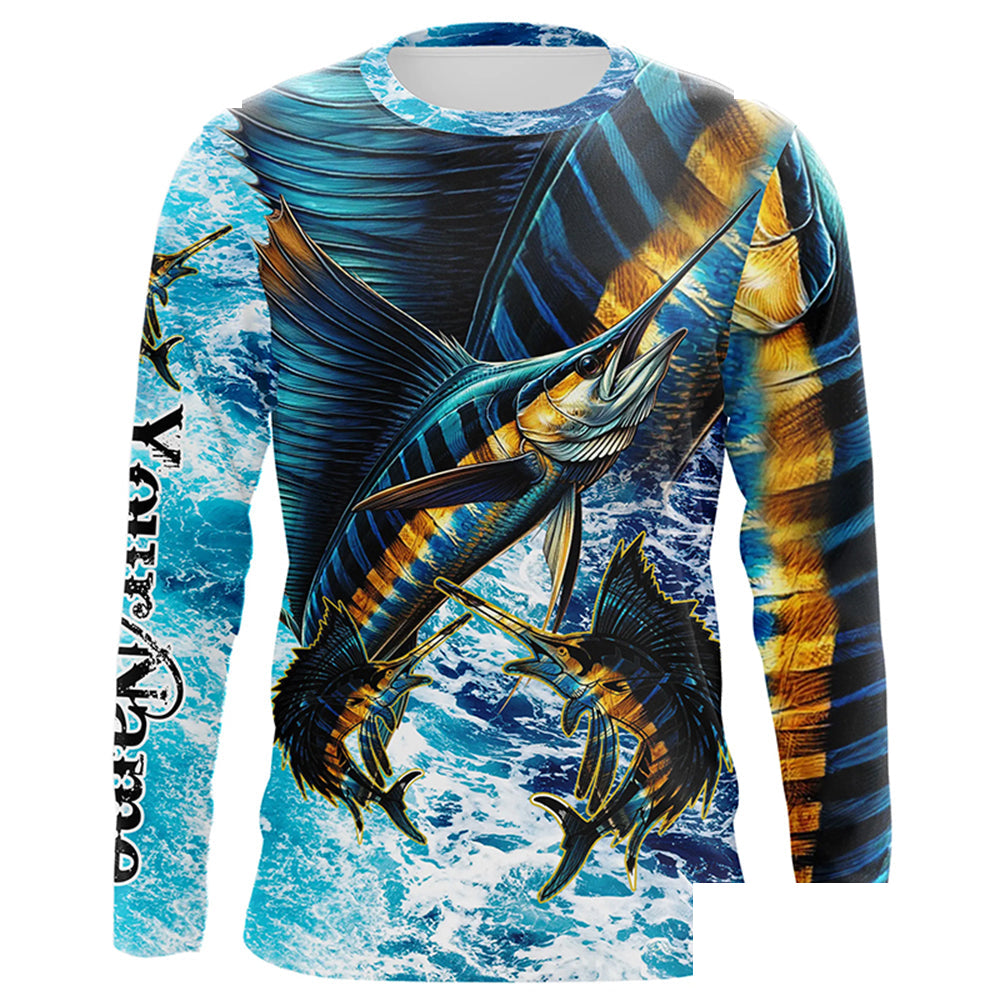 Personalized Sailfish fishing scales blue sea water camo long sleeve Fishing Shirts NQS7097