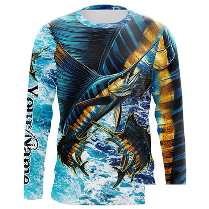 Personalized Sailfish fishing scales blue sea water camo long sleeve Fishing Shirts NQS7097