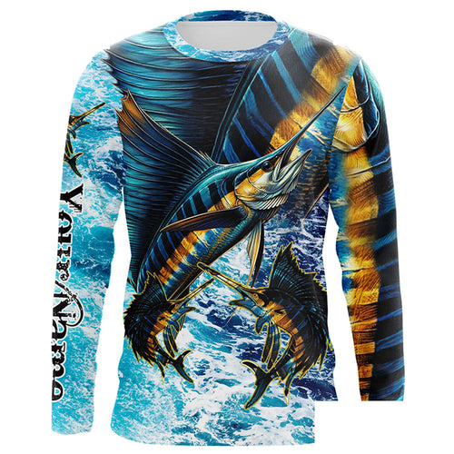 Personalized Sailfish fishing scales blue sea water camo long sleeve Fishing Shirts NQS7097
