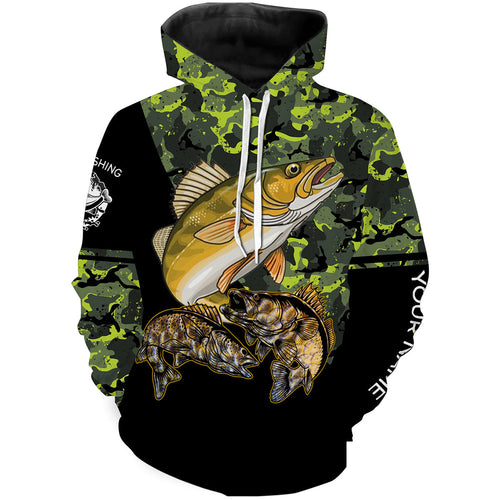 Walleye fishing black green camo Custom name fishing shirts jerseys | Hoodie - NPQ945