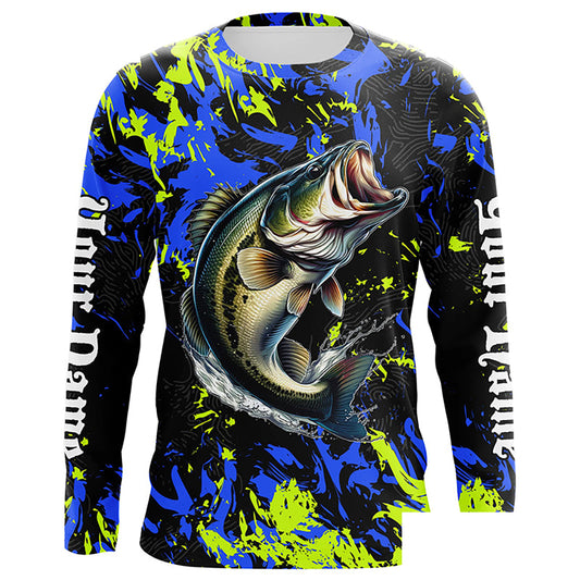 Personalized Largemouth Bass fishing green blue camo long sleeve Fishing Shirts NQS7099
