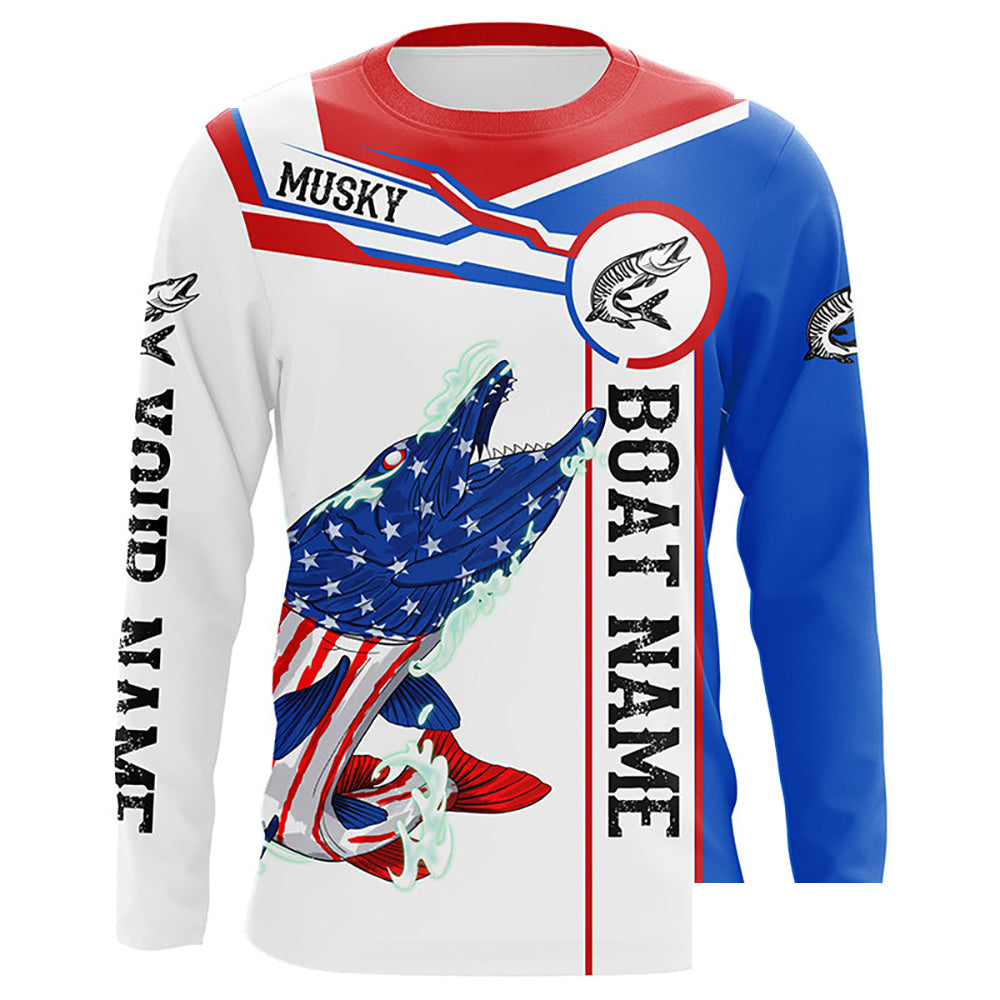 Angry Musky American flag patriotic fishing Custom name and boat name  long sleeve fishing shirts NQS5601