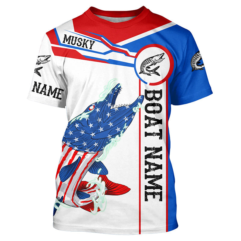 Angry Musky American flag patriotic fishing Custom name and boat name fishing T-shirts NQS5601
