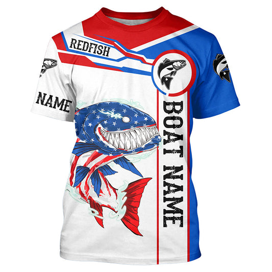 Angry Redfish drum American flag patriotic fishing Custom name and boat name fishing T-shirts NQS5602