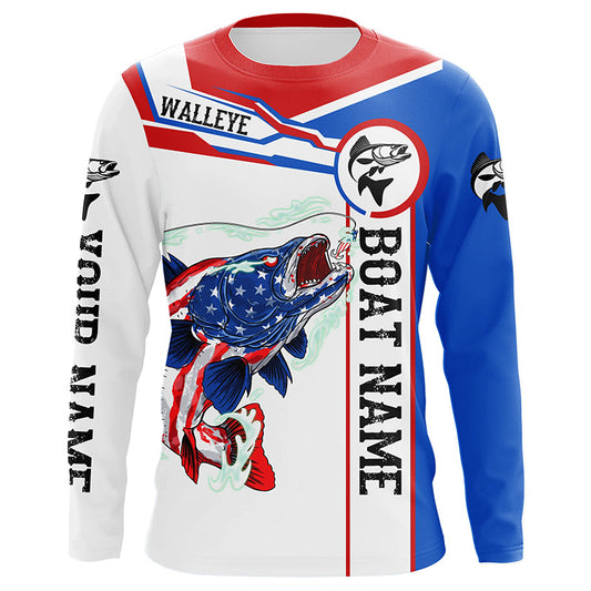 Angry Walleye American flag patriotic fishing Custom name and boat name long sleeve fishing shirts NQS5603