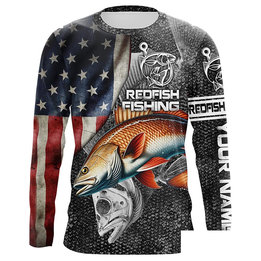 Redfish American flag patriotic Customize Name UV protection long sleeves fishing shirt for men NPQ59